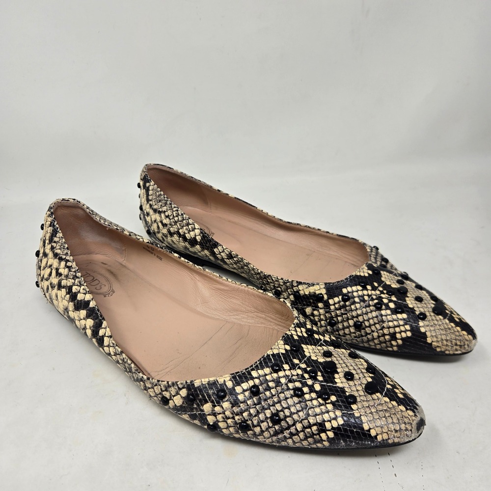 Tods Snakeskin Embossed Leather Gommini Pointed Toe Flats Black Cream Size 40